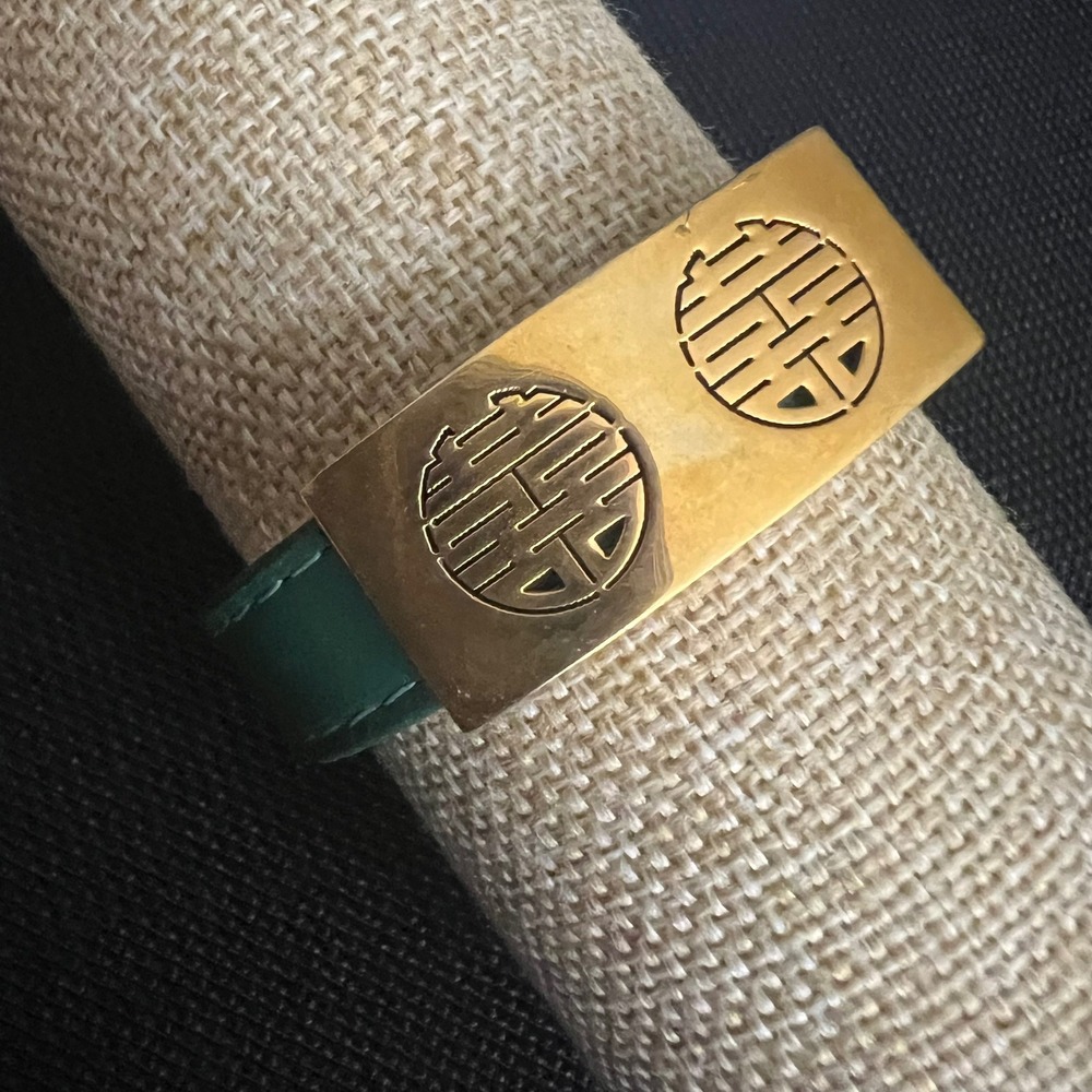 Fornash Green Leather Double Happiness Cuff Bracelet Gold Tone Size 8.75 Preppy